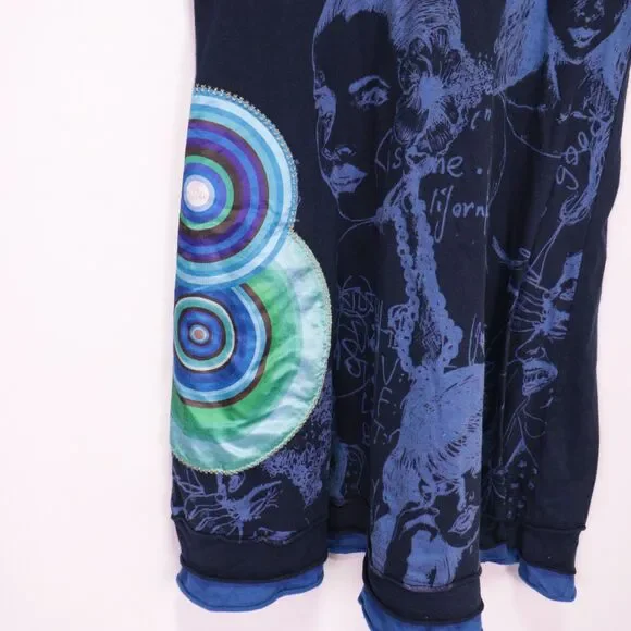 Y2K Desigual Dress Women EU L/US Medium Mixed Print Blue Graphic Silver V Neck - Picture 6 of 10